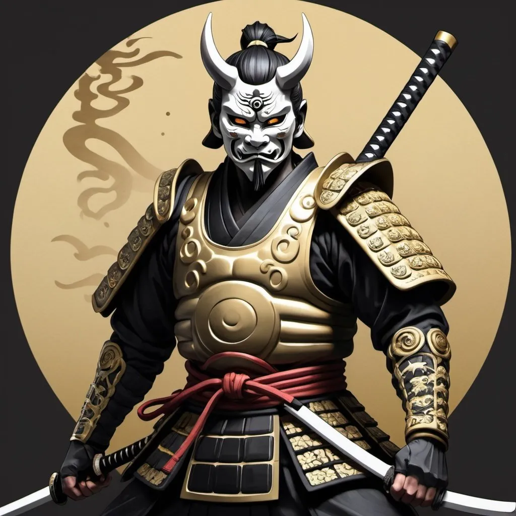 Prompt: make a black, white and gold samurai with a oni mask and a katana of the same colors with a big yin and yang symbol behind it as the background