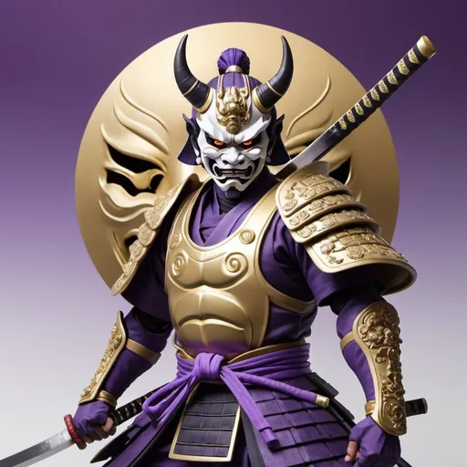 Prompt: make a purple, white and gold samurai with a oni mask and a katana of the same colors with a purple and black yin and yang symbol behind it as the background