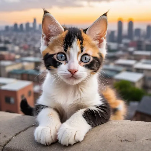 Prompt: a huge calico kitten looming over a city looking laying down and the kitten is adorable
