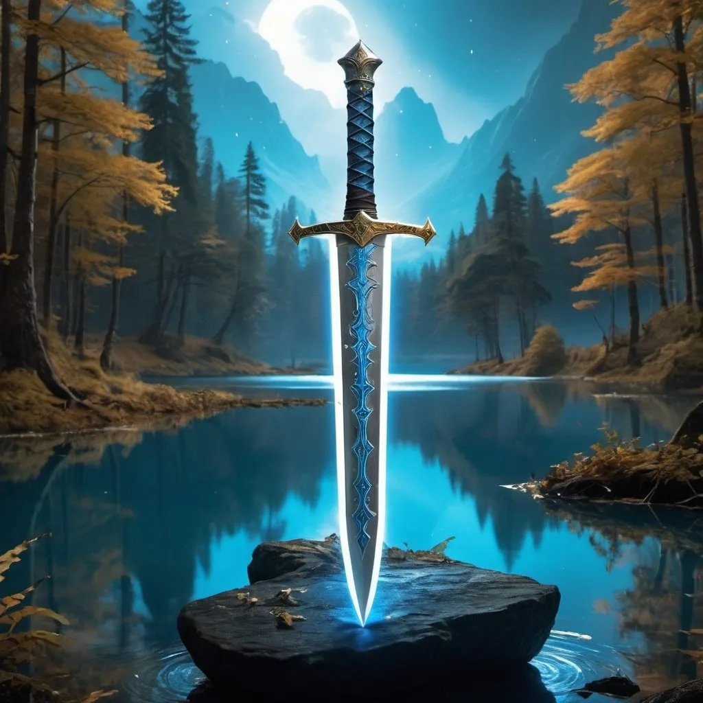 Prompt: a magical gold and silver long sword with glowing blue runes all over it with the sword stuck in a stone in the middle of a mystical looking lake with a forest around the lake with a knight with gold and silver armor with glowing blue rune on his armor standing behind the sword