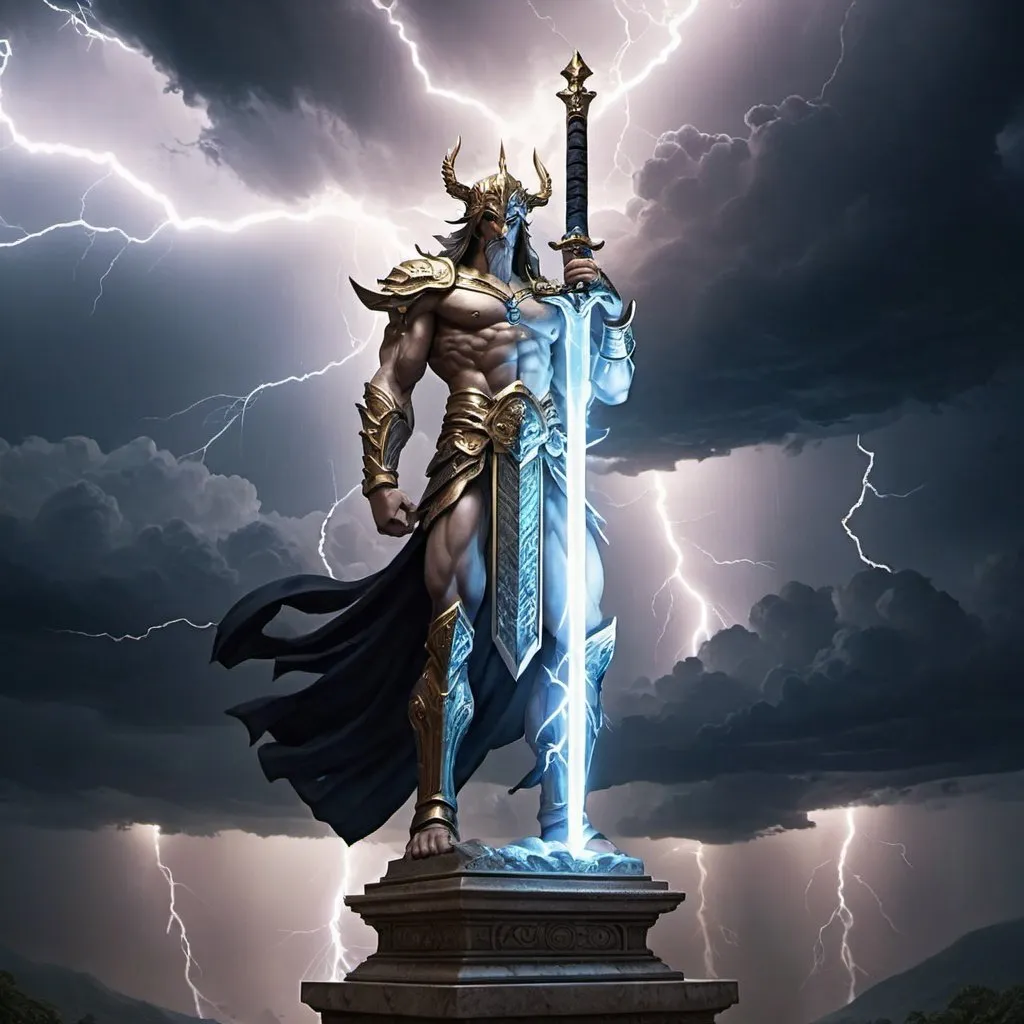 Prompt: a ligining God sword with a lightning God holding it and a mystical looking thunderstorm in the background and the sword is on a pedestal