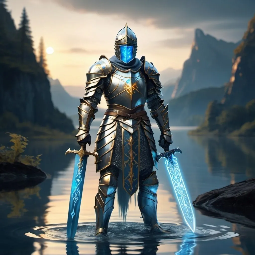 Prompt:  a knight with gold and silver armor with a glowing blue rune on his armor standing holding a gold and silver sword with glowing blue runes on the sword with him standing on water in the middle of a mystical looking lake 