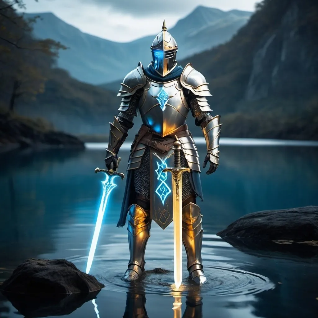 Prompt:  a knight with gold and silver armor with a glowing blue rune on his armor standing holding a gold and silver sword with glowing blue runes on the sword with him standing on water in the middle of a mystical looking lake 