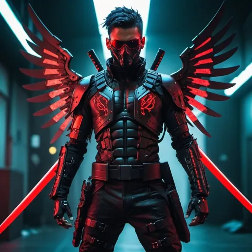 Prompt: a male person with a cyberpunk style suit that is red and black with a cyberpunk style katana that is the same colors as the suit and they have wings made of red glowing energy