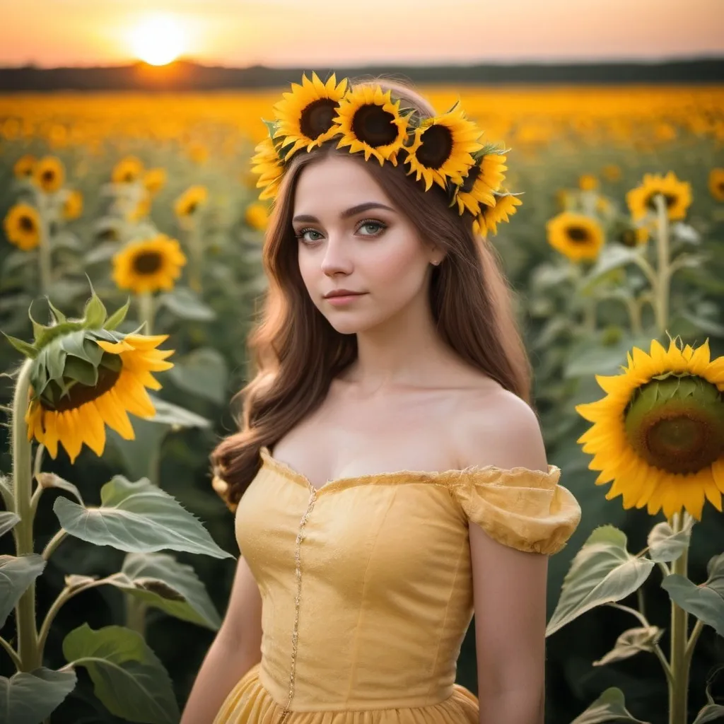 Prompt: a beautiful princess in a field of sunflowers at sunset