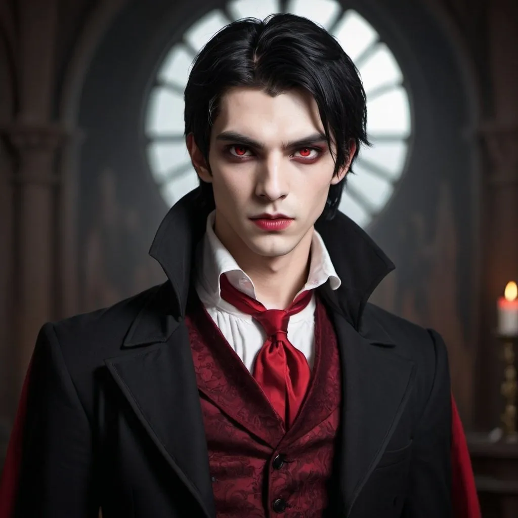 Prompt: vampire   boy handsome
 with black hair and red eyes elegant 