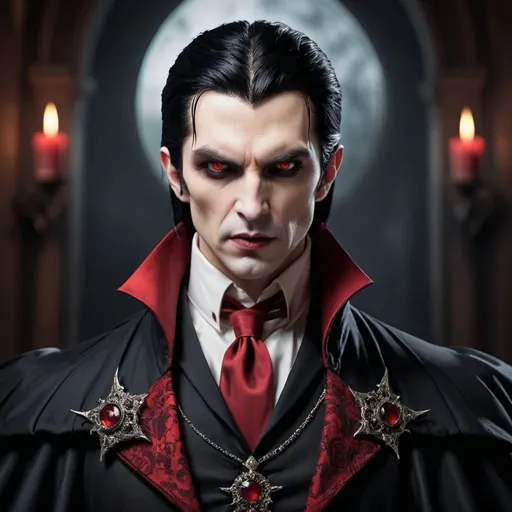 Prompt: vampire king with black hair and red eyes elegant 