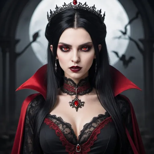 Prompt: vampire  queen
 with black hair and red eyes elegant 
