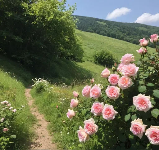 Prompt: It was June, and the world smelled of roses. The sunshine was like powdered gold over the grassy hillside.