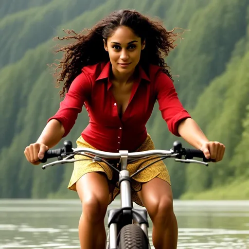 Prompt: <mymodel>(mymodel) black haired, riding a bike in a river, vibrant red shirt emphasizing strength, (strong) feminine arms, (very short) red skirt revealing powerful thighs, wide strong legs, top yellow showing toned abdomen prominently displayed, conveying a sense of confidence and determination, detailed texture and lighting for a striking composition, high-quality visuals, ultra-detailed representation.