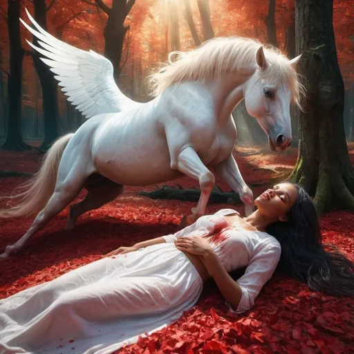 Prompt: (rihana woman laying injured, blood from mouth, broken leg exposed blooding), (pegasus beside), magical realism, fantasy artwork, storybook illustration, sunlit woods, dappled light streaming through trees, ethereal atmosphere, haunting beauty, detailed textures, vibrant colors, captivating scene, surreal elements, HD, ultra-detailed.