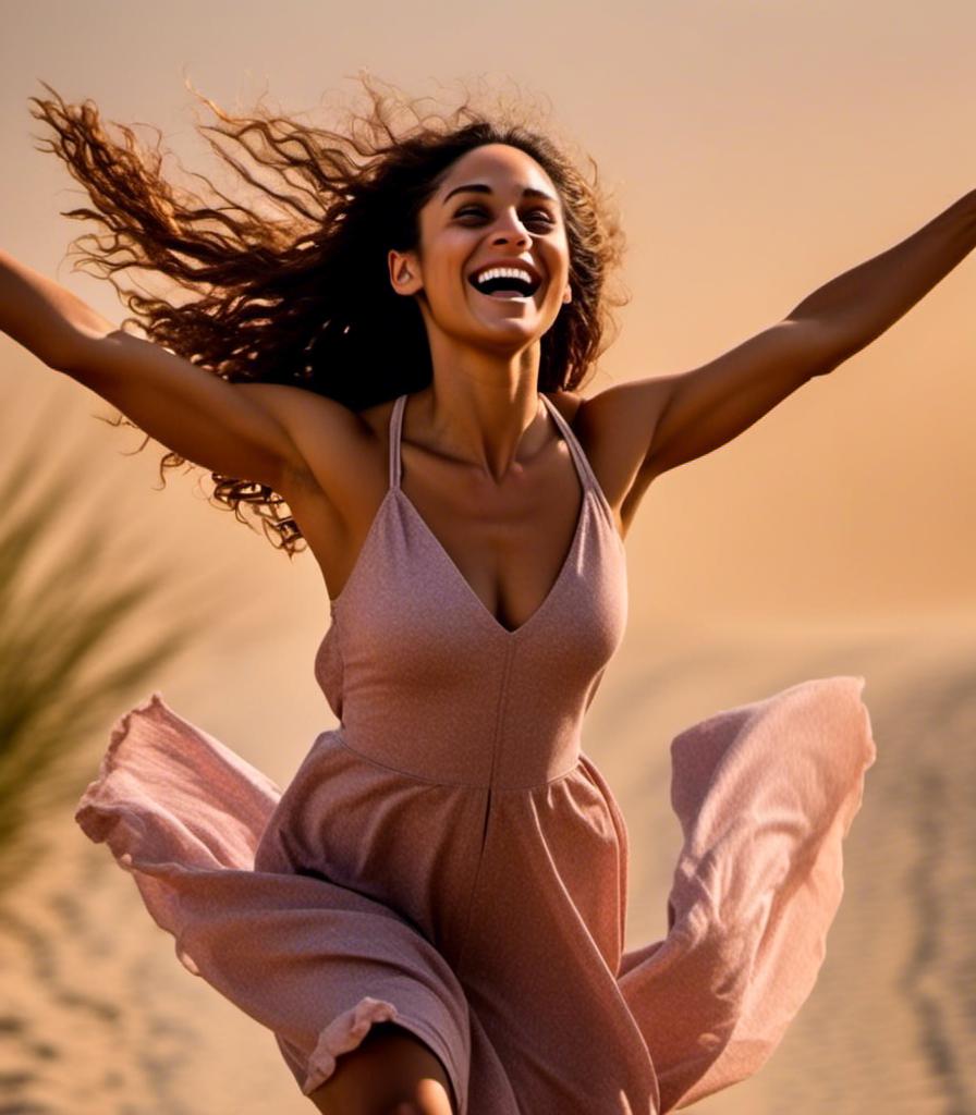 Prompt: <mymodel> showing teeth, raising hands, sunset, beach, dress beach, bird flying over her head