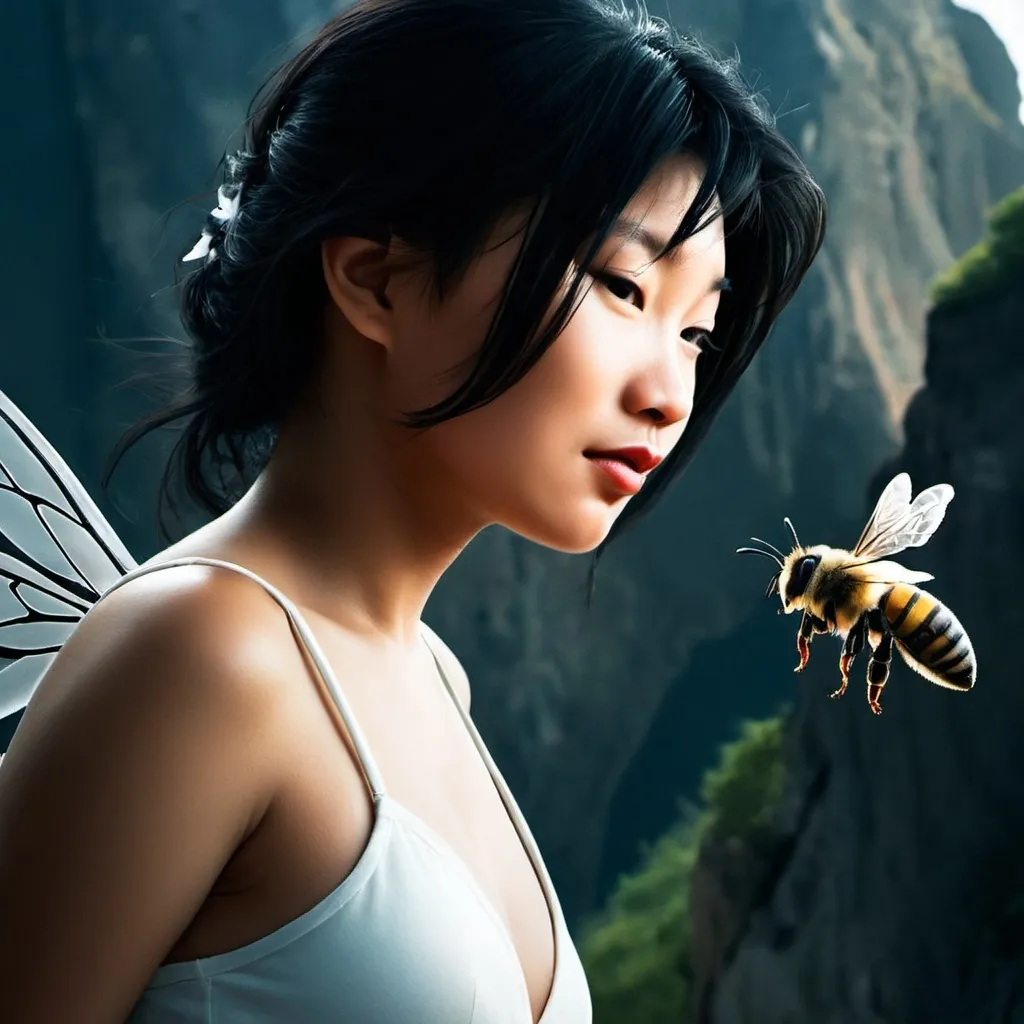 Prompt: (pretty woman be), (black hair), (huge eyes), (persuasive gaze), (full lips), (deep red lips), facial expression of plenty, wings of bee, flying from a towering cliff, dramatic lighting creating a cinematic effect, ultra-detailed, high quality, intense atmosphere of exhilaration and allure.