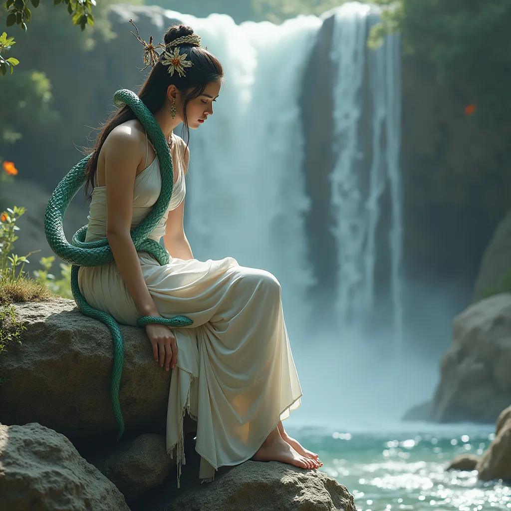 Prompt: a woman with a snake around her neck and a snake around her neck, sitting on a rock near a waterfall, Chen Chi, fantasy art, tentacles, a marble sculpture