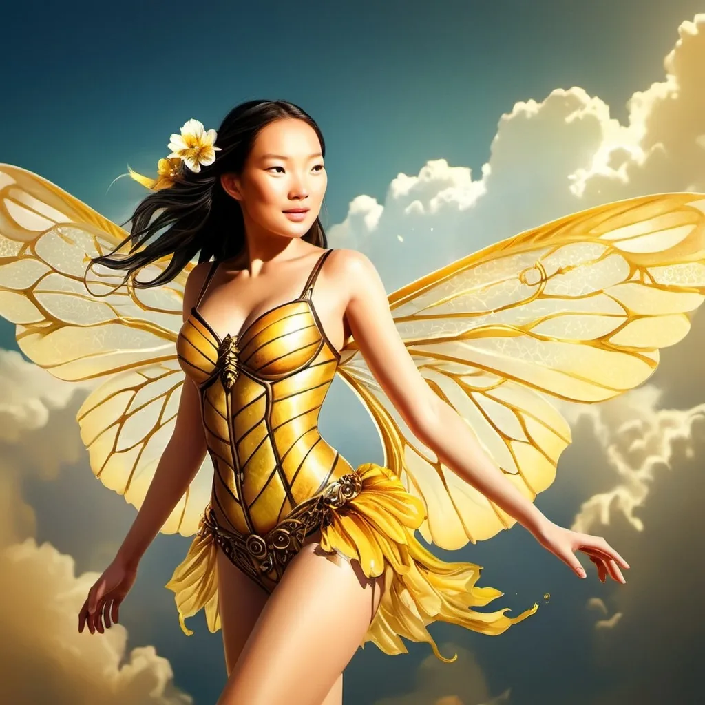 Prompt:  beautiful bee woman, huge wings, flying.