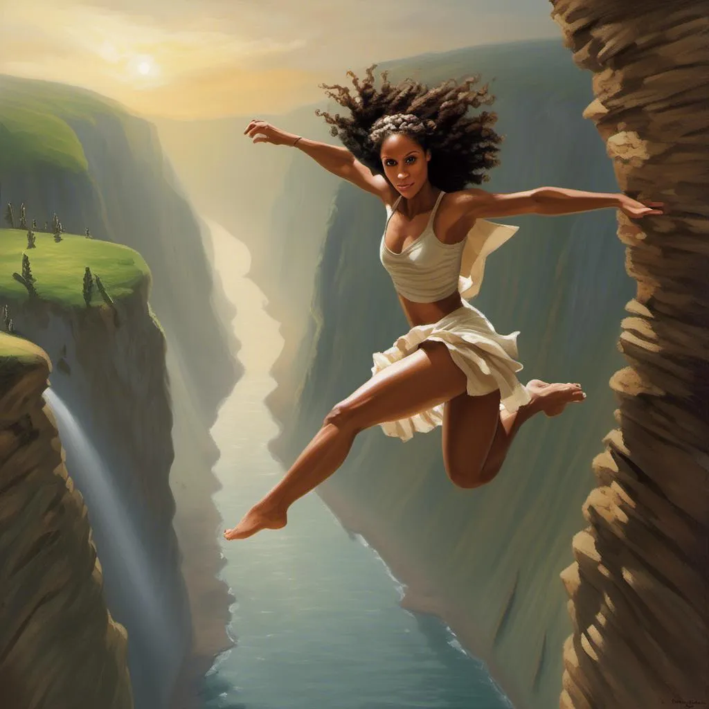 Prompt: <mymodel> beautiful woman, plenty face, amazing gaze, jumping from a cliff