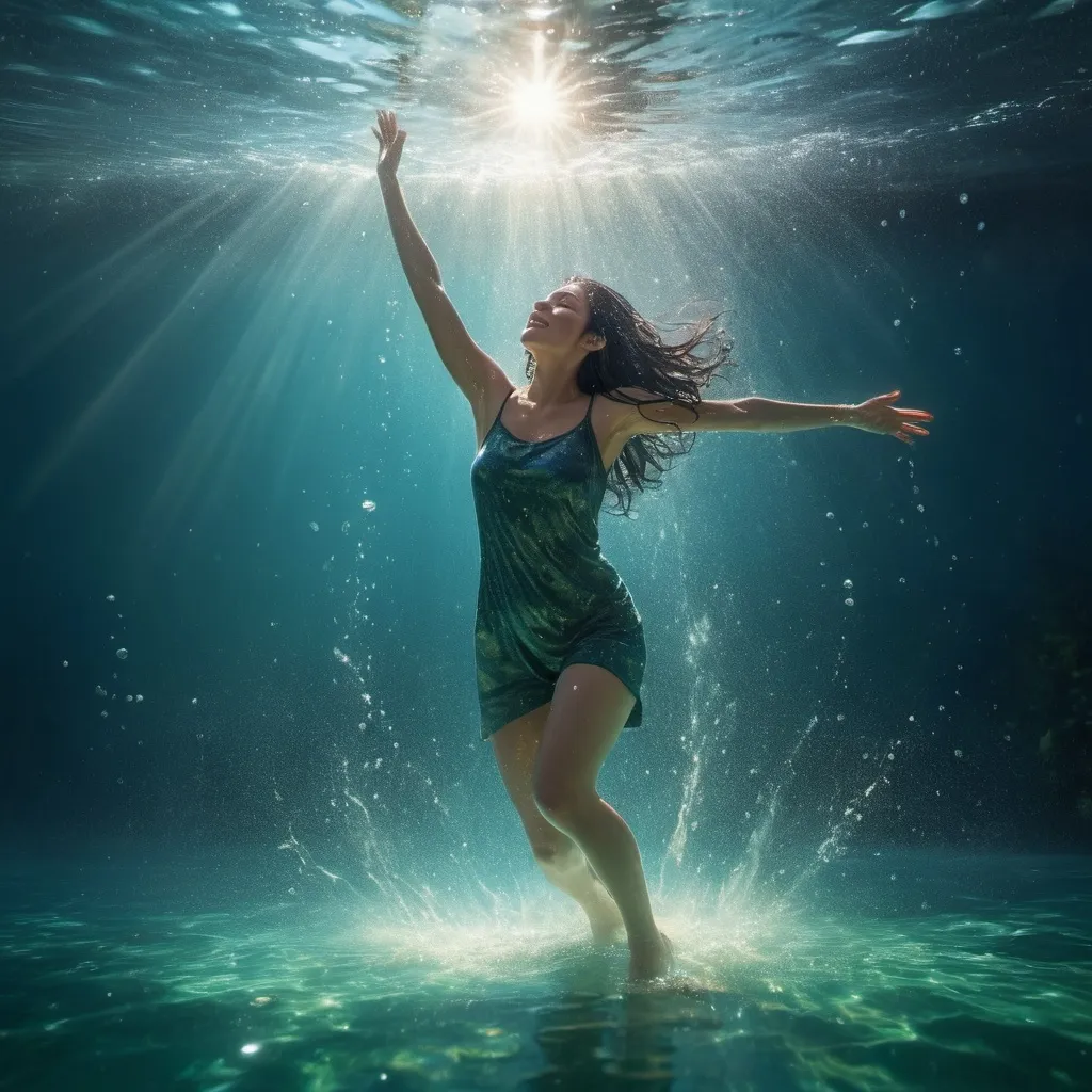 Prompt: (wet visual art), a woman black haired, full body,  experiencing joy submerged underwater, super exited, sparkling bubbles surrounding her, soft rays of sunlight filtering through the water, tranquil and serene ambiance, capturing playful movements, fluid and graceful, vivid blues and greens enhancing the scene, ultra-detailed, high-resolution, cinematic lighting and atmosphere.