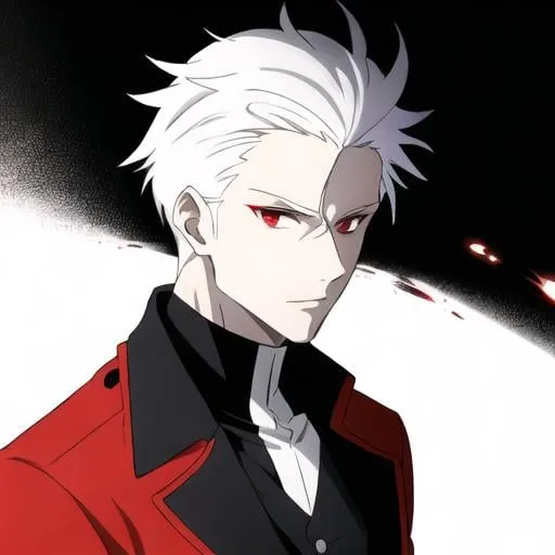 Prompt: Male with white hair and red eyes, Black and white jacket 