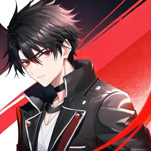 Prompt: boy, Black hair, red eyes, wearing black and red jacket, Powers Universe, Background is the Red Thunder