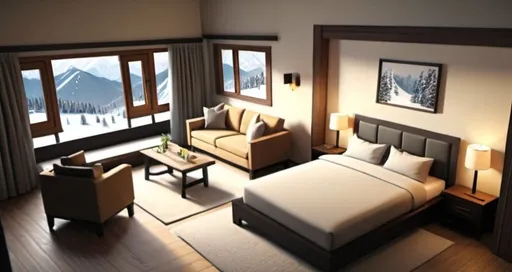 Prompt: Isometric 3D animation of a photo-real mountain resort hotel room, high quality 4k ultra-detailed, isometric, 3D animation, photo-realistic, mountain resort, luxurious interior, scenic mountain view, cozy fireplace, modern furnishings, warm lighting, snow-capped peaks, inviting ambiance, realistic textures, family in ski clothes, spacious layout, elegant decor, ambient lighting