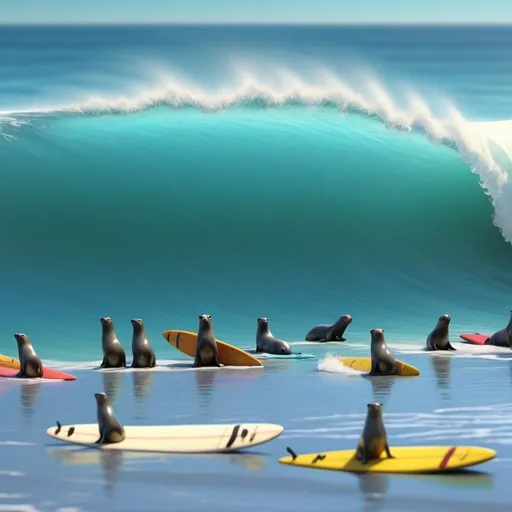 Prompt: Crowded surf line-up with surfers and seals, 3D animation, vibrant beach scene, rolling waves, detailed surfboards, playful seals, sunny and lively atmosphere, high quality, 4k, detailed ocean waves, animated, vibrant colors, energetic atmosphere, realistic water effects, lively surfers, playful seals, beach setting