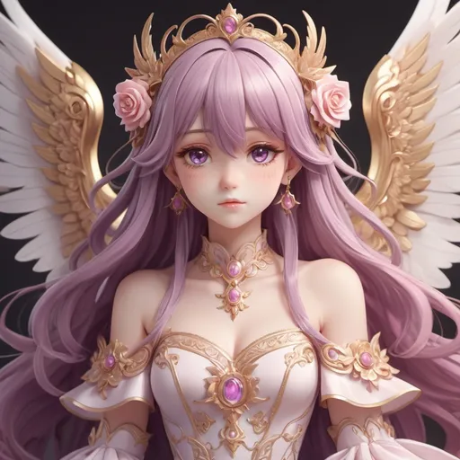 Prompt: anime, girl, detailed, cute, violet hair 
very detailed with detail wings 
With a nice face and mid evil happy a beautiful dress that is very detailed the dress color is pinkish and rose and gold colors looks like a godly with very long hair with princess vibes with a some white color in the middle of the hair the eyes gold color 
