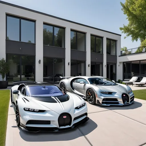 Prompt: Koenigsegg Jesko Absolut  parking next to a  Bugatti Chiron Super Sport 300+ outside a massive and extremely luxurious penthouse with a huge yard and a pool