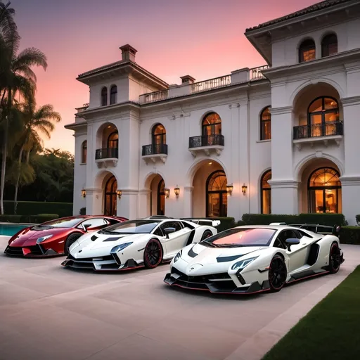 Prompt: (Lamborghini Veneno and Lamborghini Aventador SVJ and Mercedes-AMG One), parked elegantly outside an opulent penthouse, (majestic architecture), sprawling yard, shimmering pool, (luxurious setting), vibrant sunset reflecting off cars, rich colors, (ultra-detailed), high-end vehicles showcasing sleek designs and powerful stances, inviting atmosphere, (4K), emphasized luxury and grandeur.