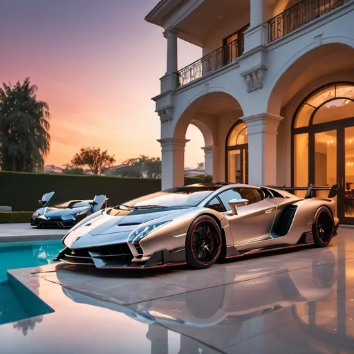 Prompt: (Lamborghini Veneno and Lamborghini Aventador SVJ and Mercedes-AMG One), parked elegantly outside an opulent penthouse, (majestic architecture), sprawling yard, shimmering pool, (luxurious setting), vibrant sunset reflecting off cars, rich colors, (ultra-detailed), high-end vehicles showcasing sleek designs and powerful stances, inviting atmosphere, (4K), emphasized luxury and grandeur. A beautiful and hot woman standing in the porch looking at viewers.