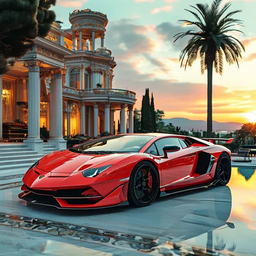 Prompt: (Lamborghini Veneno and Lamborghini Aventador SVJ and Mercedes-AMG One), parked elegantly outside an opulent penthouse, (majestic architecture), sprawling yard, shimmering pool, (luxurious setting), vibrant sunset reflecting off cars, rich colors, (ultra-detailed), high-end vehicles showcasing sleek designs and powerful stances, inviting atmosphere, (4K), emphasized luxury and grandeur. A lot of supercars surrounding the house.