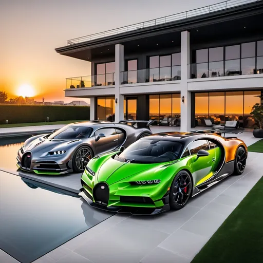 Prompt: Koenigsegg Jesko Absolut  parking next to a  Bugatti Chiron Super Sport 300+ outside a massive and extremely luxurious penthouse with a huge yard and a pool