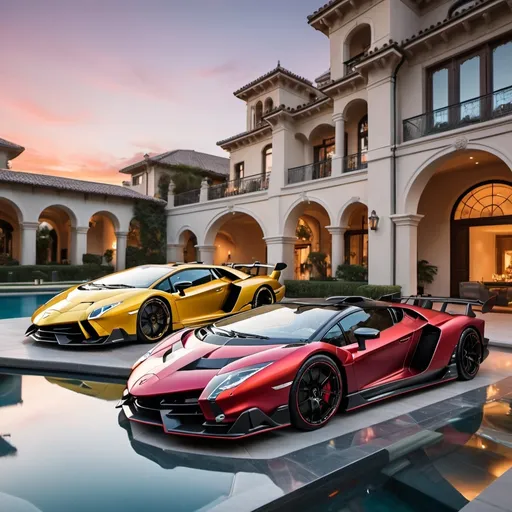 Prompt: (Lamborghini Veneno and Lamborghini Aventador SVJ and Mercedes-AMG One), parked elegantly outside an opulent penthouse, (majestic architecture), sprawling yard, shimmering pool, (luxurious setting), vibrant sunset reflecting off cars, rich colors, (ultra-detailed), high-end vehicles showcasing sleek designs and powerful stances, inviting atmosphere, (4K), emphasized luxury and grandeur.