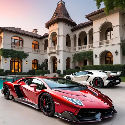 Prompt: (Lamborghini Veneno and Lamborghini Aventador SVJ and Mercedes-AMG One), parked elegantly outside an opulent penthouse, (majestic architecture), sprawling yard, shimmering pool, (luxurious setting), vibrant sunset reflecting off cars, rich colors, (ultra-detailed), high-end vehicles showcasing sleek designs and powerful stances, inviting atmosphere, (4K), emphasized luxury and grandeur. A lot of supercars surrounding the house.