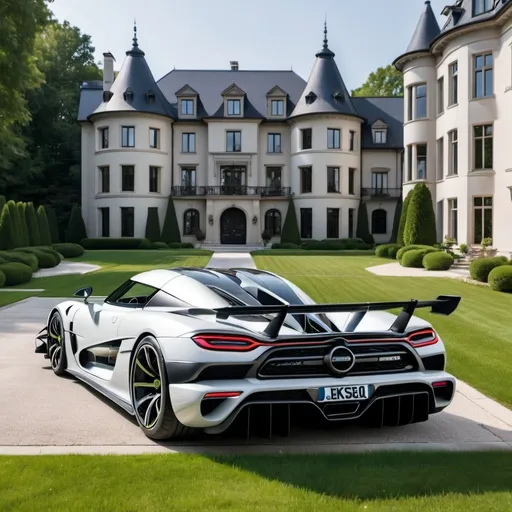 Prompt: Koenigsegg Jesko Absolut parking outside a massive mansion with a huge yard