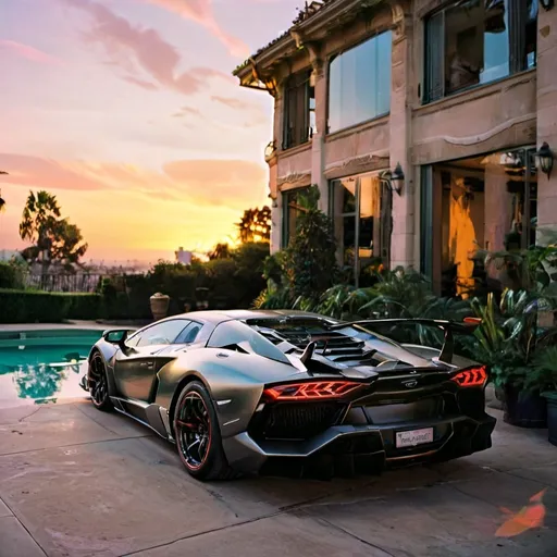 Prompt: (Lamborghini Veneno and Lamborghini Aventador SVJ and Mercedes-AMG One), parked elegantly outside an opulent penthouse, (majestic architecture), sprawling yard, shimmering pool, (luxurious setting), vibrant sunset reflecting off cars, rich colors, (ultra-detailed), high-end vehicles showcasing sleek designs and powerful stances, inviting atmosphere, (4K), emphasized luxury and grandeur. A lot of supercars surrounding the house.