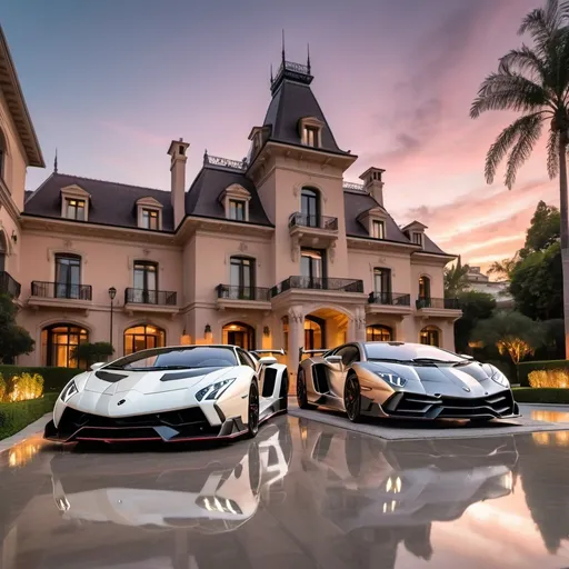 Prompt: (Lamborghini Veneno and Lamborghini Aventador SVJ and Mercedes-AMG One), parked elegantly outside an opulent penthouse, (majestic architecture), sprawling yard, shimmering pool, (luxurious setting), vibrant sunset reflecting off cars, rich colors, (ultra-detailed), high-end vehicles showcasing sleek designs and powerful stances, inviting atmosphere, (4K), emphasized luxury and grandeur. A lot of supercars surrounding the house.