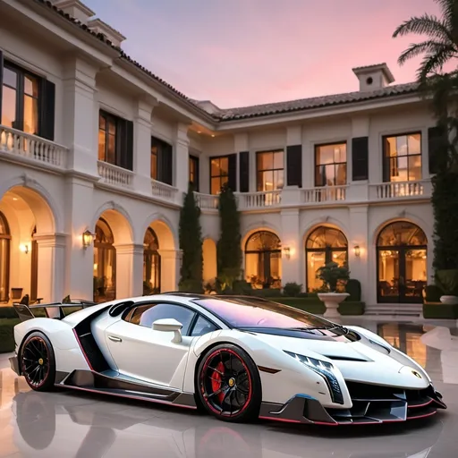 Prompt: (Lamborghini Veneno and Bugatti Chiron Super Sport 300+), parked elegantly outside an opulent penthouse, (majestic architecture), sprawling yard, shimmering pool, (luxurious setting), vibrant sunset reflecting off cars, rich colors, (ultra-detailed), high-end vehicles showcasing sleek designs and powerful stances, inviting atmosphere, (4K), emphasized luxury and grandeur.