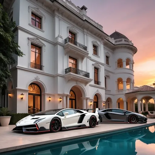 Prompt: (Lamborghini Veneno and Lamborghini Aventador SVJ and Mercedes-AMG One), parked elegantly outside an opulent penthouse, (majestic architecture), sprawling yard, shimmering pool, (luxurious setting), vibrant sunset reflecting off cars, rich colors, (ultra-detailed), high-end vehicles showcasing sleek designs and powerful stances, inviting atmosphere, (4K), emphasized luxury and grandeur. A beautiful and hot woman standing in the porch looking at viewers.