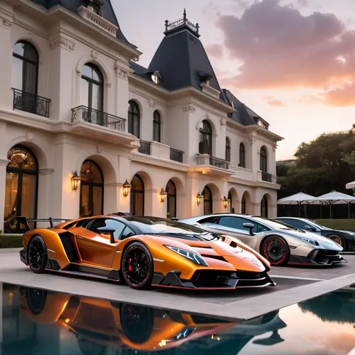 Prompt: (Lamborghini Veneno and Lamborghini Aventador SVJ and Mercedes-AMG One), parked elegantly outside an opulent penthouse, (majestic architecture), sprawling yard, shimmering pool, (luxurious setting), vibrant sunset reflecting off cars, rich colors, (ultra-detailed), high-end vehicles showcasing sleek designs and powerful stances, inviting atmosphere, (4K), emphasized luxury and grandeur. A lot of supercars surrounding the house.
