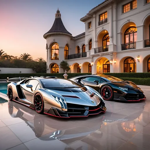 Prompt: “Lamborghini Veneno” parking next to a “Bugatti Chiron Super Sport 300+” outside a massive and extremely luxurious penthouse with a huge yard and a pool