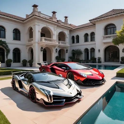 Prompt: (Lamborghini Veneno and Lamborghini Aventador SVJ and Mercedes-AMG One), parked elegantly outside an opulent penthouse, (majestic architecture), sprawling yard, shimmering pool, (luxurious setting), vibrant sunset reflecting off cars, rich colors, (ultra-detailed), high-end vehicles showcasing sleek designs and powerful stances, inviting atmosphere, (4K), emphasized luxury and grandeur.
