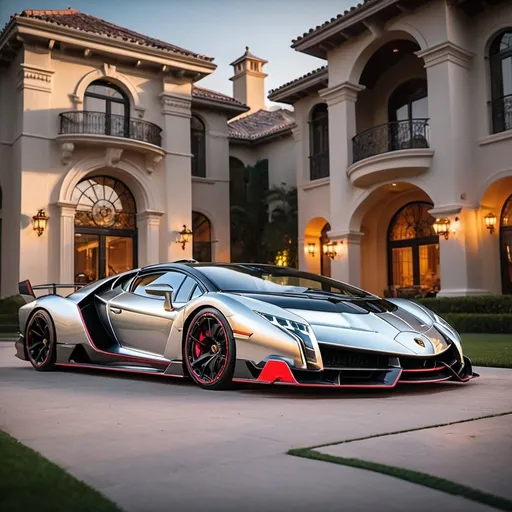 Prompt: (Lamborghini Veneno and Bugatti Chiron Super Sport 300+), parked elegantly outside an opulent penthouse, (majestic architecture), sprawling yard, shimmering pool, (luxurious setting), vibrant sunset reflecting off cars, rich colors, (ultra-detailed), high-end vehicles showcasing sleek designs and powerful stances, inviting atmosphere, (4K), emphasized luxury and grandeur.