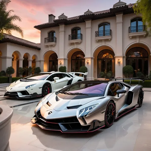 Prompt: (Lamborghini Veneno and Lamborghini Aventador SVJ and Mercedes-AMG One), parked elegantly outside an opulent penthouse, (majestic architecture), sprawling yard, shimmering pool, (luxurious setting), vibrant sunset reflecting off cars, rich colors, (ultra-detailed), high-end vehicles showcasing sleek designs and powerful stances, inviting atmosphere, (4K), emphasized luxury and grandeur. A lot of supercars surrounding the house.