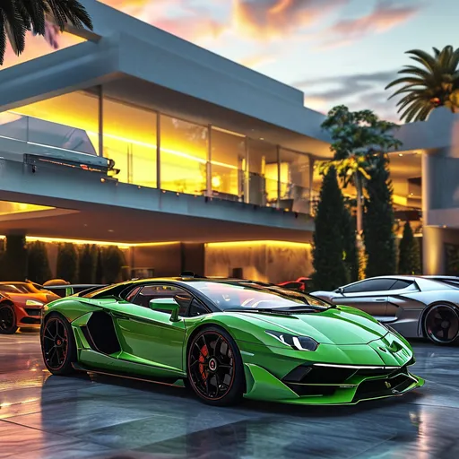 Prompt: (Lamborghini Veneno and Lamborghini Aventador SVJ and Mercedes-AMG One), parked elegantly outside an opulent penthouse, (majestic architecture), sprawling yard, shimmering pool, (luxurious setting), vibrant sunset reflecting off cars, rich colors, (ultra-detailed), high-end vehicles showcasing sleek designs and powerful stances, inviting atmosphere, (4K), emphasized luxury and grandeur. A lot of supercars surrounding the house.