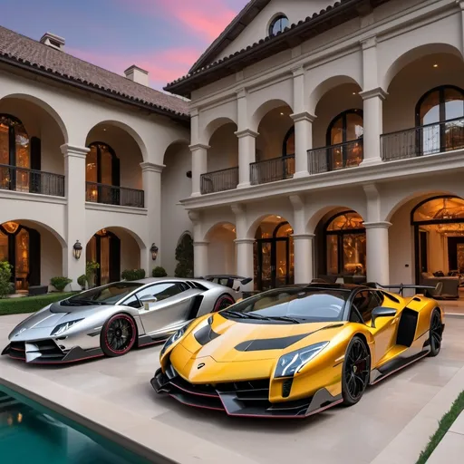 Prompt: (Lamborghini Veneno and Lamborghini Aventador SVJ and Mercedes-AMG One), parked elegantly outside an opulent penthouse, (majestic architecture), sprawling yard, shimmering pool, (luxurious setting), vibrant sunset reflecting off cars, rich colors, (ultra-detailed), high-end vehicles showcasing sleek designs and powerful stances, inviting atmosphere, (4K), emphasized luxury and grandeur. A lot of supercars surrounding the house.