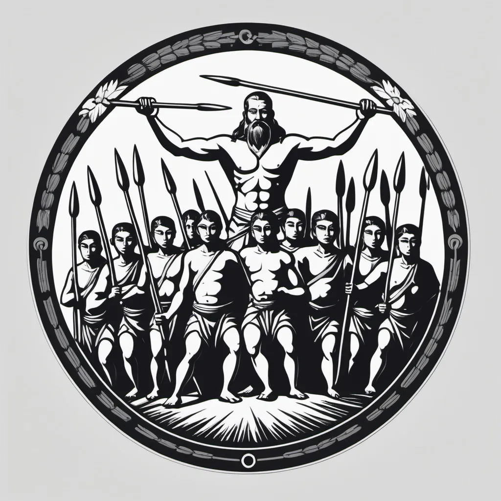 Prompt: black and white circular logo of a man and many people holding spears, facing forward