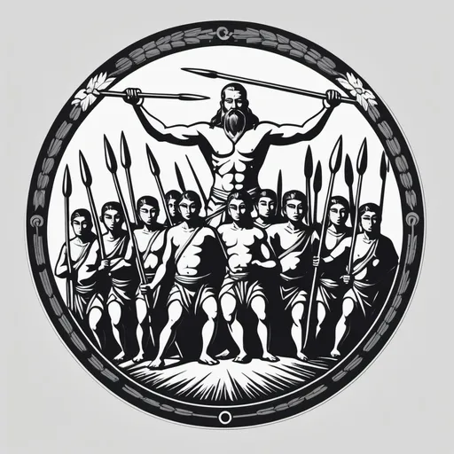 Prompt: black and white circular logo of a man and many people holding spears, facing forward