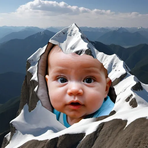 Prompt: A similar image, the baby's face in 3D, on mountains