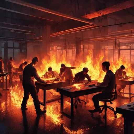 Prompt: Burning table, exhausted workers, Martin leading, intense work environment, working on computers, realistic digital painting, fiery tones, dramatic lighting, professional, detailed faces, 4k resolution, intense concentration, exhausted but focused, office setting, dramatic atmosphere