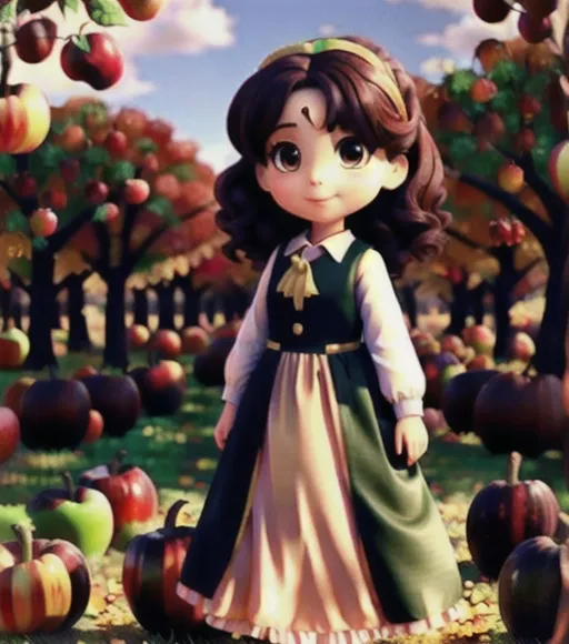 Prompt: Girls with full length dresses apple picking, Autumn orchard